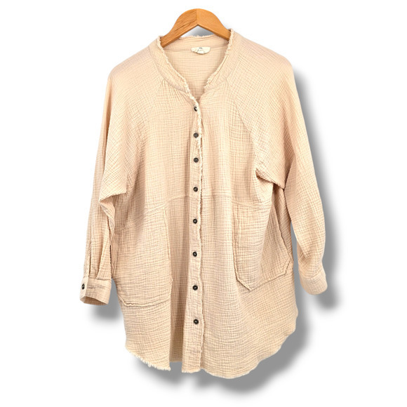 entro Women's Gauze Mandarin Neck Button Front Shirt Jacket Shacket Cream Size S - Picture 1 of 11